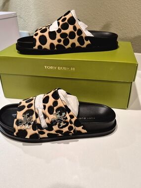 NEW Tory Burch Leopard-Print Slide Sandals in Black and Tan